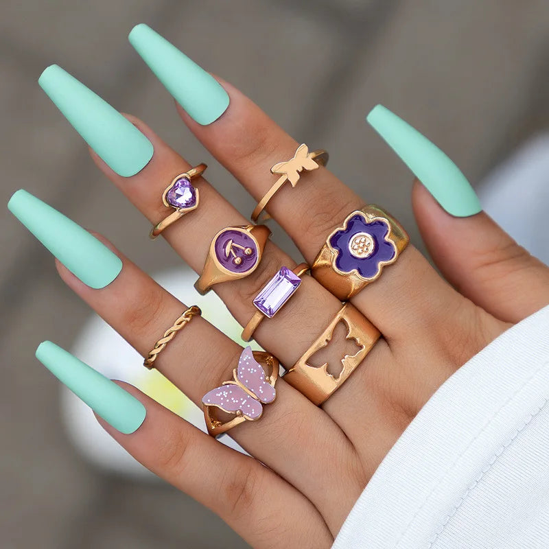 New Crystal Geometric Kunckle Ring Set For Women Colorful Rhinestone Heart Butterfly Snake Wedding Finger Ring Boho Jewelry