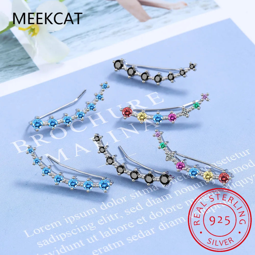 Full D Moissanite Earrings For Women Silver 925 Black/ White Diamond 7 Star Ear Cuffs Crawler Climber Earrings Unique Jewelry