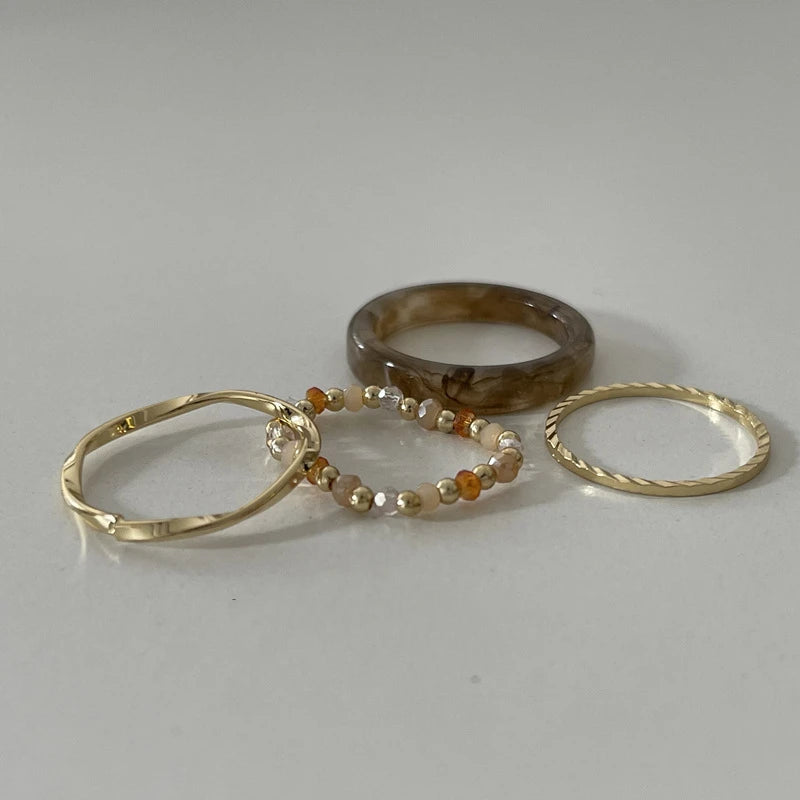 4Pcs Colorful Beads Resin Metal Irregular Lines Rings for Women Retro Geometric Acrylic Bead Knuckle Joint Ring Set Jewelry Gift