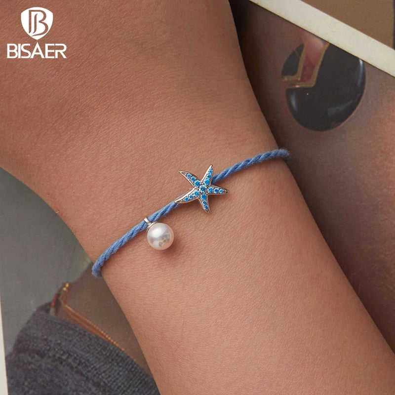 BISAER 925 Sterling Silver Bule Starfish Pearl Bracelet Simple Bracelets for Women Charms Beads DIY Fine Jewelry Holiday Gift