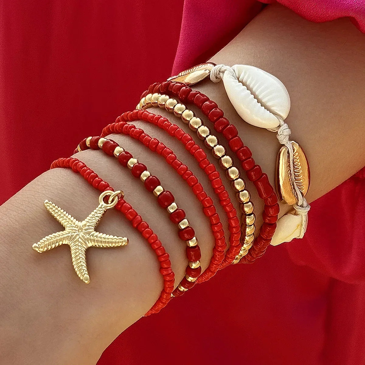 7Pcs Boho Summer Starfish Bracelet Set For Women Bohemian Shell Rice Beads Elastic Chain Bangle Girls Beach Jewelry Accessories