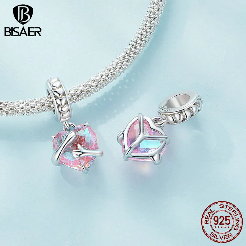 BISAER 100% 925 Sterling Silver Maiden Heart Charm Bead Pendentif Trèfle à Quatre Feuilles Rose Fit Lucky Woman DIY Bracelet Fine Jewelry