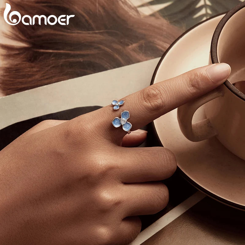 BAMOER 925 Sterling Silver Blue Flower Adjustable Ring, White Gold Plated Promise Christmas Cute Rings Dainty Chic Jewelry