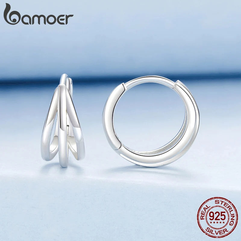 BAMOER 925 Sterling Silber Dreifach-Huggie-Creolen, Weißgold plattiert, klein, schlicht, hypoallergen, Schmuck für den Alltag, BSE1125