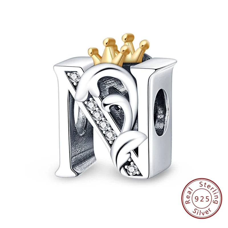 925 Sterling Silver 26 Alphabet A-Z Crown Letters Charms Bead Fit Original Bracelet Fine DIY Charm For Woman Anniversary Jewelry
