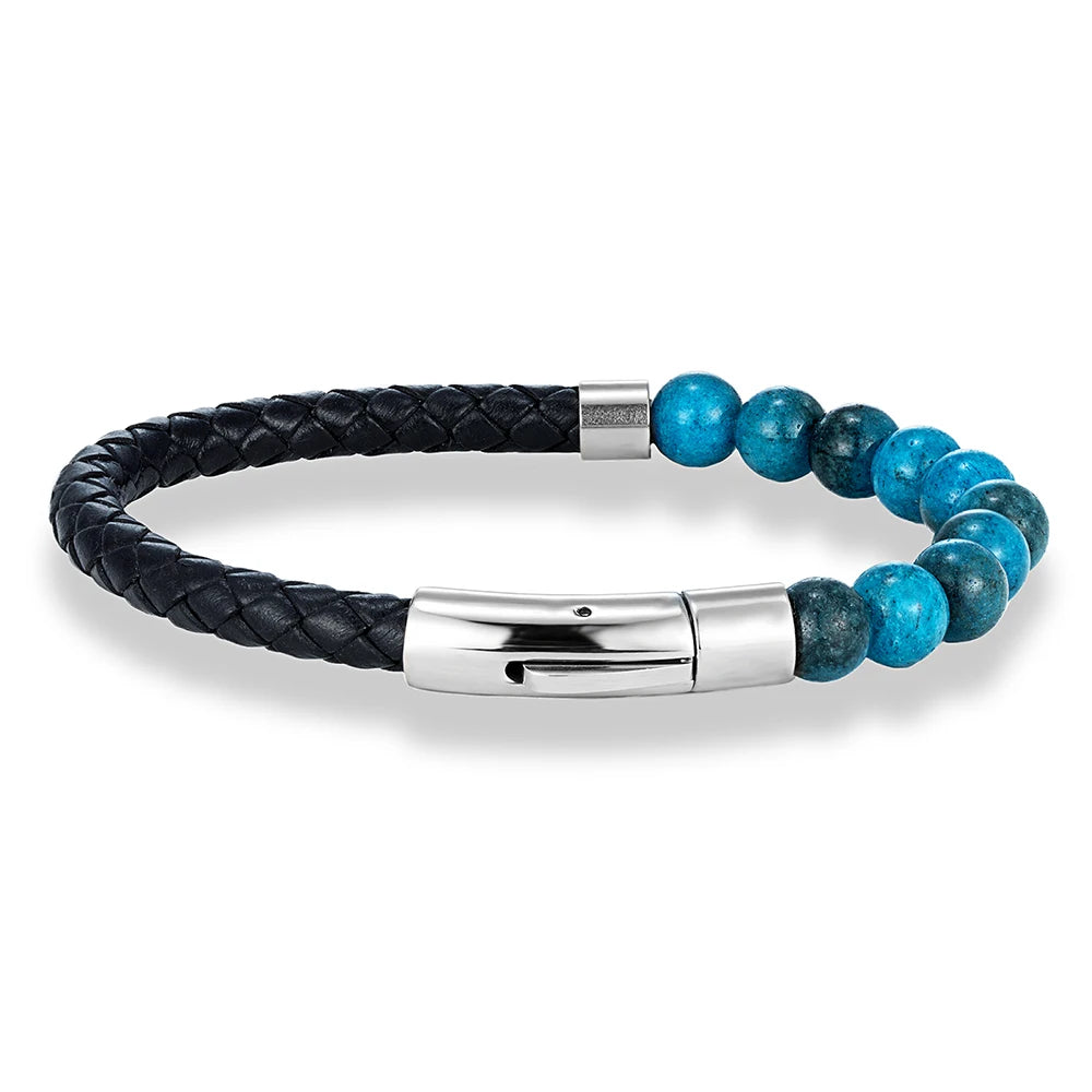 MKENDN Reiki Blue Apatite Bead Bracelet Men Women Braided Leather Natural Stone Blood Circulation Stimulate Enthusiasm Jewelry