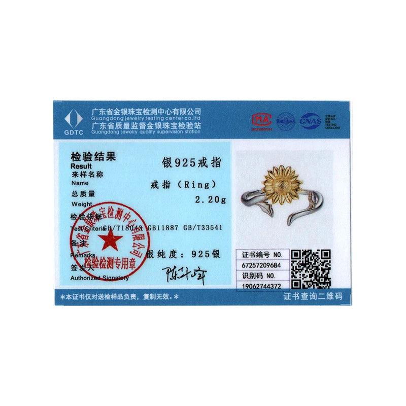 BISAER Gold Sunflower Open Ring 925 Sterling Silver Delicate Blooming Flowers Eternity Band for Women Party Fine Jewelry Gift