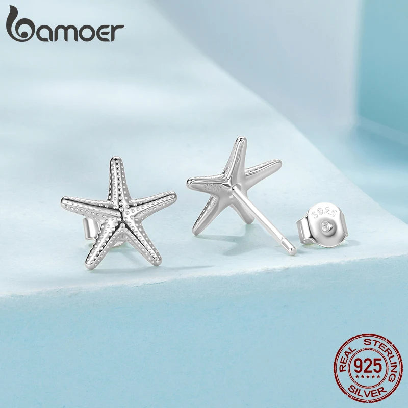 BAMOER 925 Sterling Silber Seestern-Ohrstecker, leichte Ohrringe mit Strandtextur, hypoallergen, Schmuckgeschenk für Damen