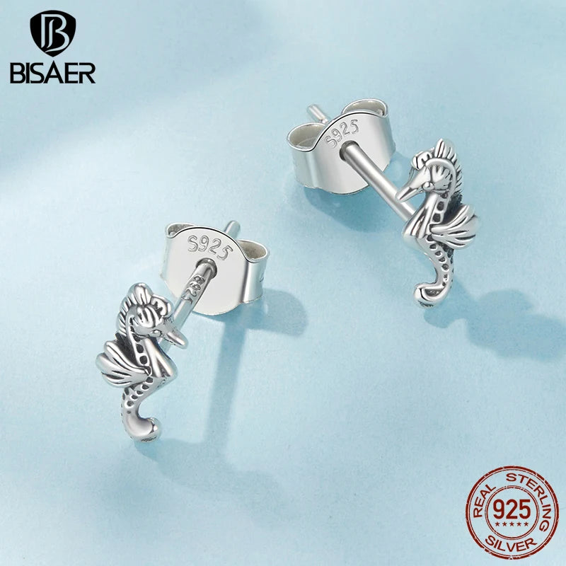 BISAER 925 Sterling Silver Mini Seahorse Stud Earrings Marine Animals Stud Ear for Women & Girls Party Fine Jewelry Holiday Gift