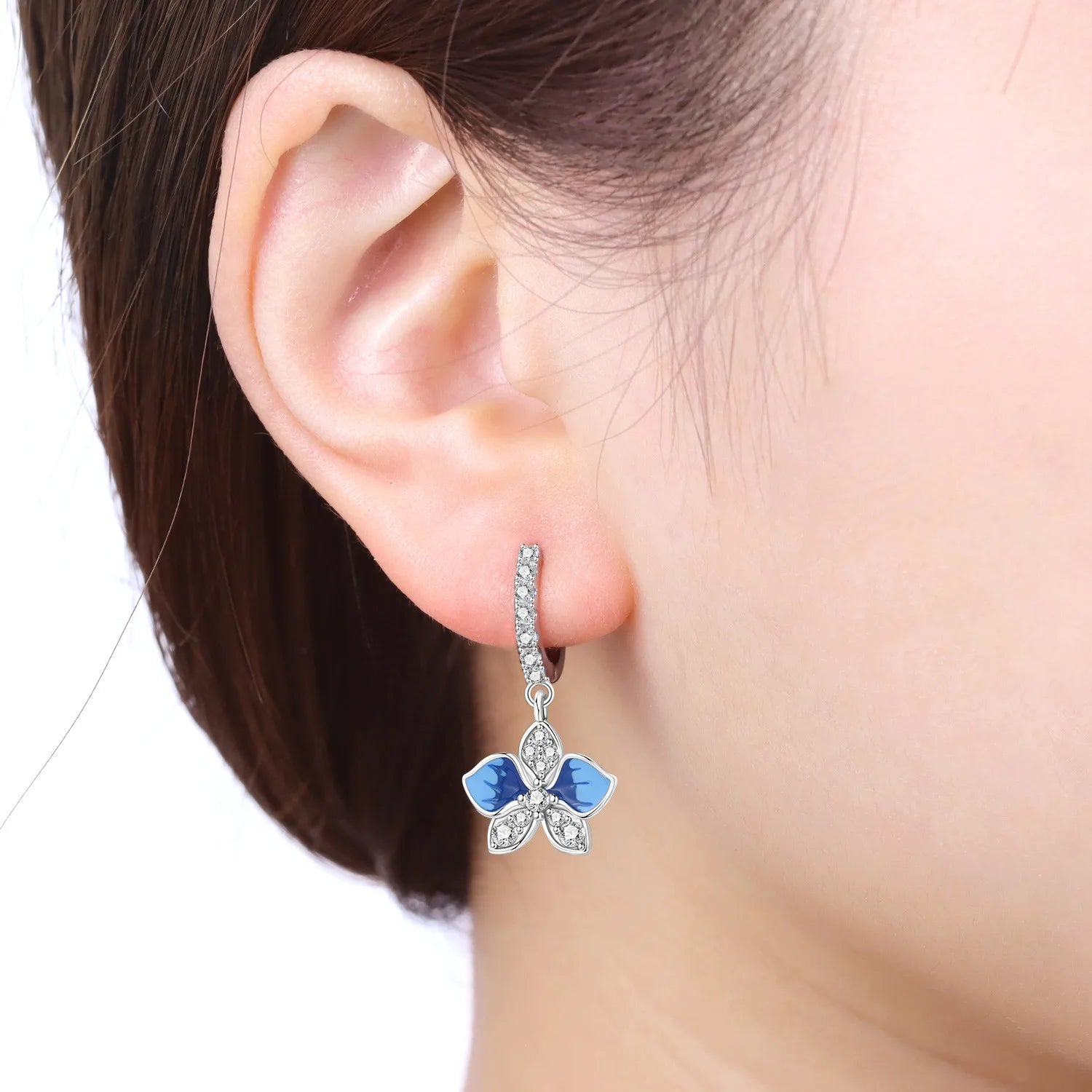 PANPOKI 925 Sterling Silver Blue Butterfly Orchid Earrings Original Jewelry Drop Earrings Jewelry Party Anniversary Trendy Gift