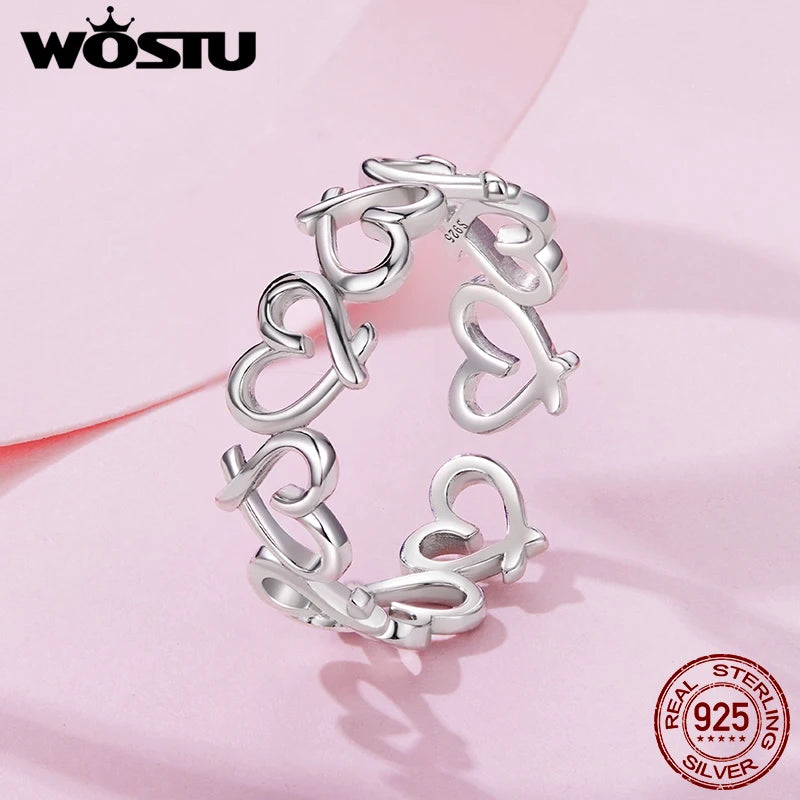 WOSTU Real 925 Sterling Silver Heart To Heart Open Ring For Women, Adjustable Stacking Hollow Ring Valentine's Day Gift for Her