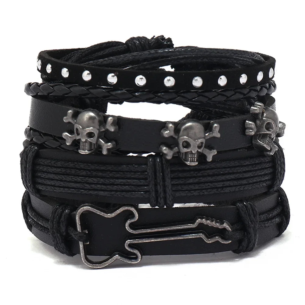 New Rock Roll Skull 4Pcs/ Set Leather Bracelet for Men Hand Braided Wrap Wristband Rope Mens Beads Bracelets Set Jewelry