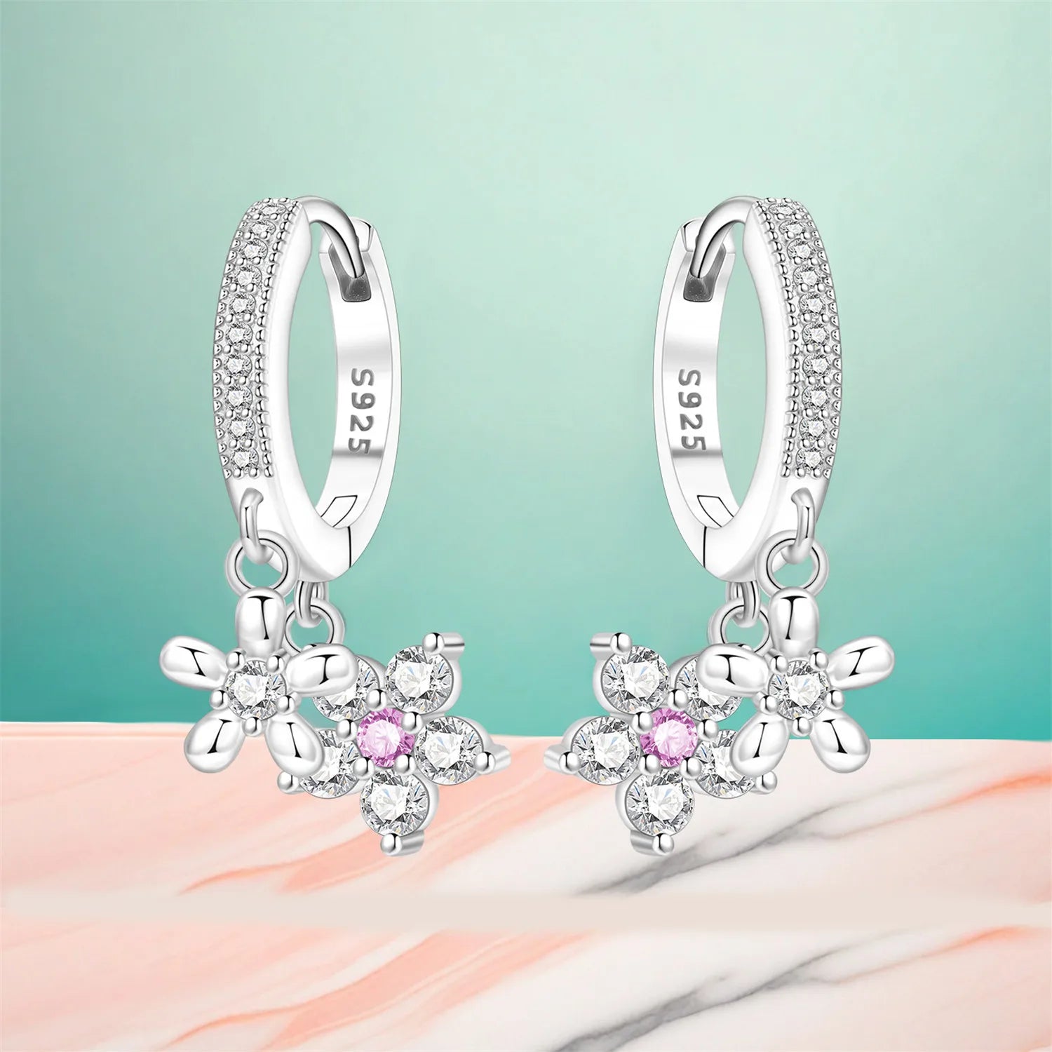 PANPOKI 925 Sterling Silver Pink Zircon Flower Drop Earrings Women Earrings Charm Fashion Versatile Party Jewelry Gifts