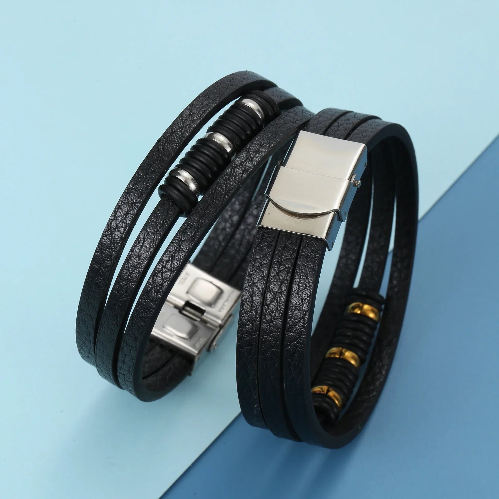 Charm Jewelry Stainless Steel Leather Beads Bracelet Men Vintage Cuff Leather Bracelet Pulsera Hombre