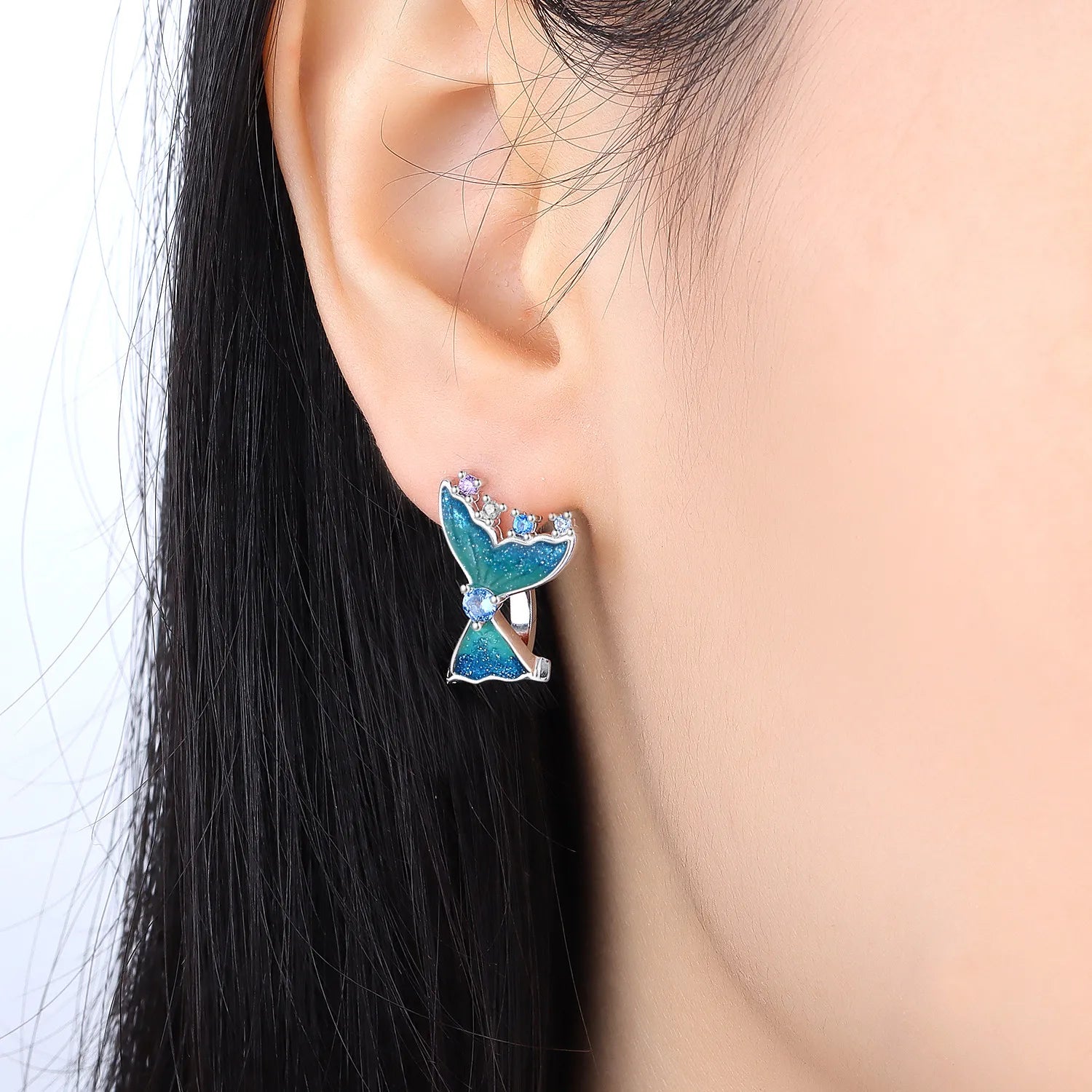 PANPOKI Original 925 Sterling Silver Blue Fish Tail Ocean World Earrings Women Hoop Earring Anniversary Jewelry Trendy Gifts