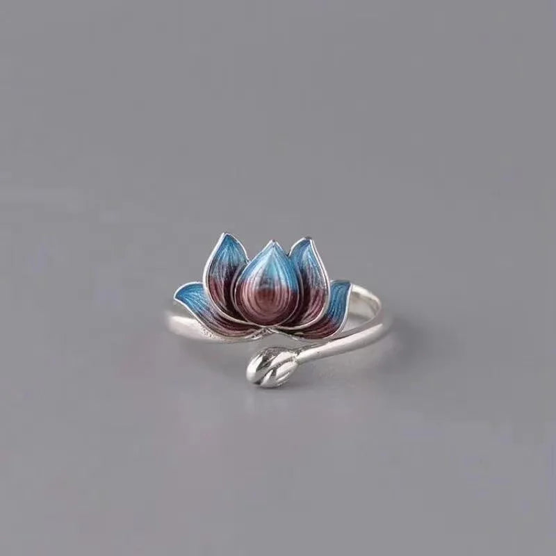 Vintage Lucky Koi Fish Open Ring For Women Fashion Silver Plated Copper Blue Lotus Rabbit Finger Rings Wedding Party Jewelry