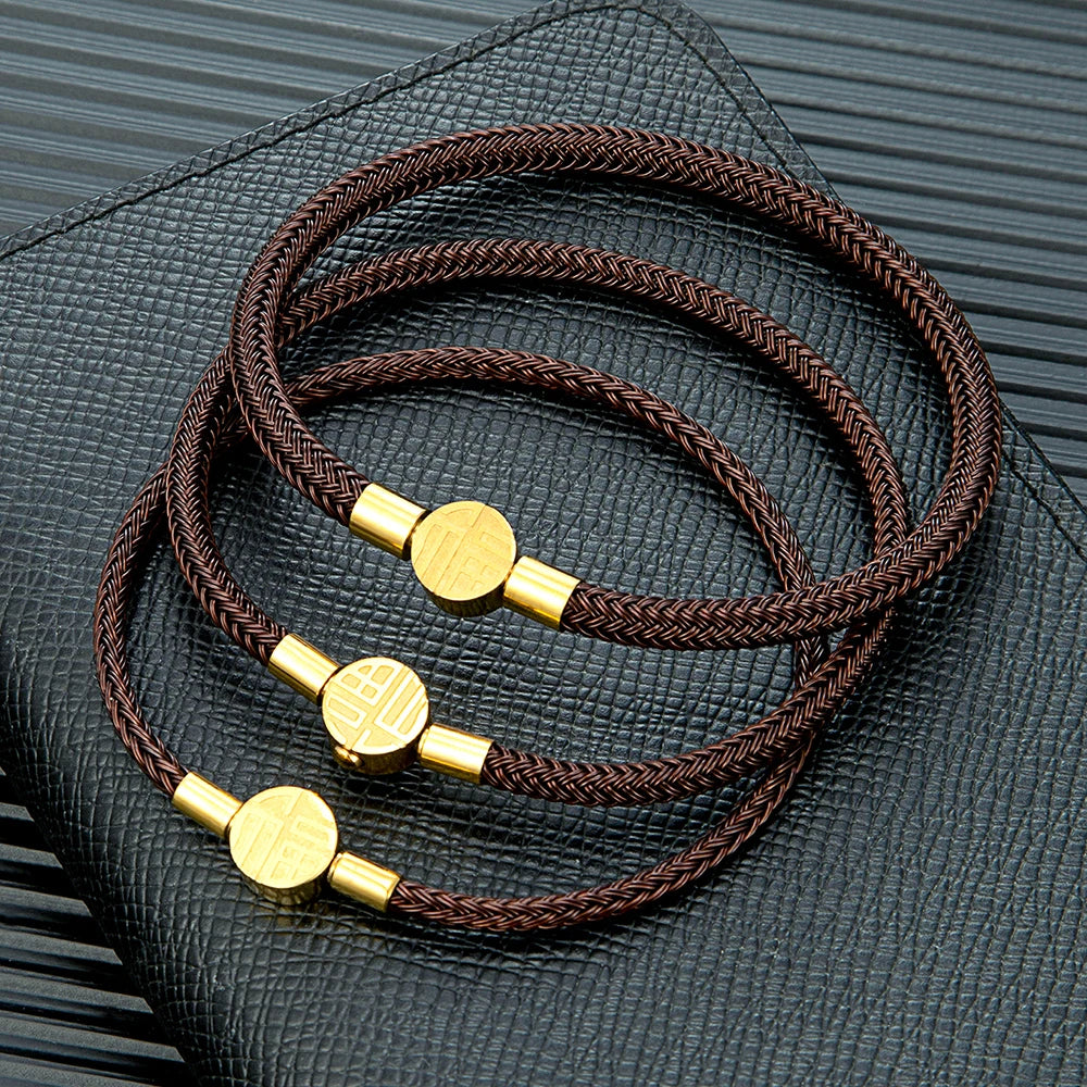 MKENDN Gold Plated Stainless Steel Coffee Braided Non-fading Steel Wire Rope Bracelet for Men Women Handmade DIY Jewelry GIfts