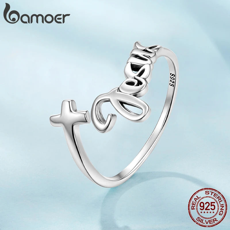 BAMOER 2025 Solid 925 Sterling Silver Cross Ring, Faithful Jesus Cross Fashion Adjustable Band Ring for Women SCR1123-E
