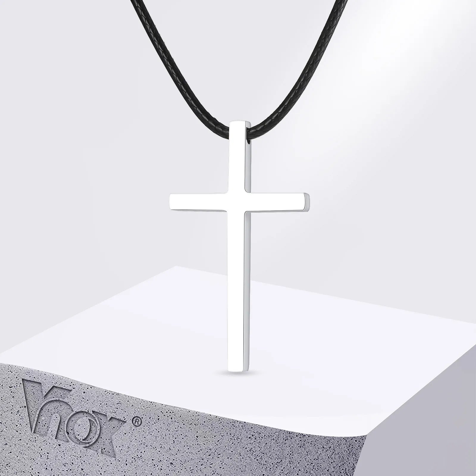 Vnox Minimalist Stainless Steel Cross Necklaces,Simple Thick Metal Pendant with Adjustable Black Rope Chain,Mens Religon Jewelry