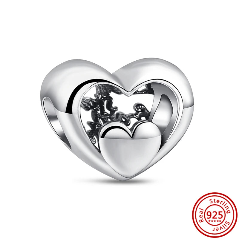 Authentic 100% 925 Sterling Silver Fit Original Pantaro Charms Bracelet Heart Round Style Simple Beads Women DIY Jewelry Making
