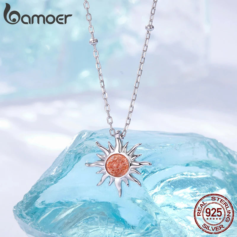 BAMOER 925 Sterling Silver Golden Sun Necklace Natural Sunstone Gem Pendant Necklace Beads Link Chain Women Mother Lucky Gift