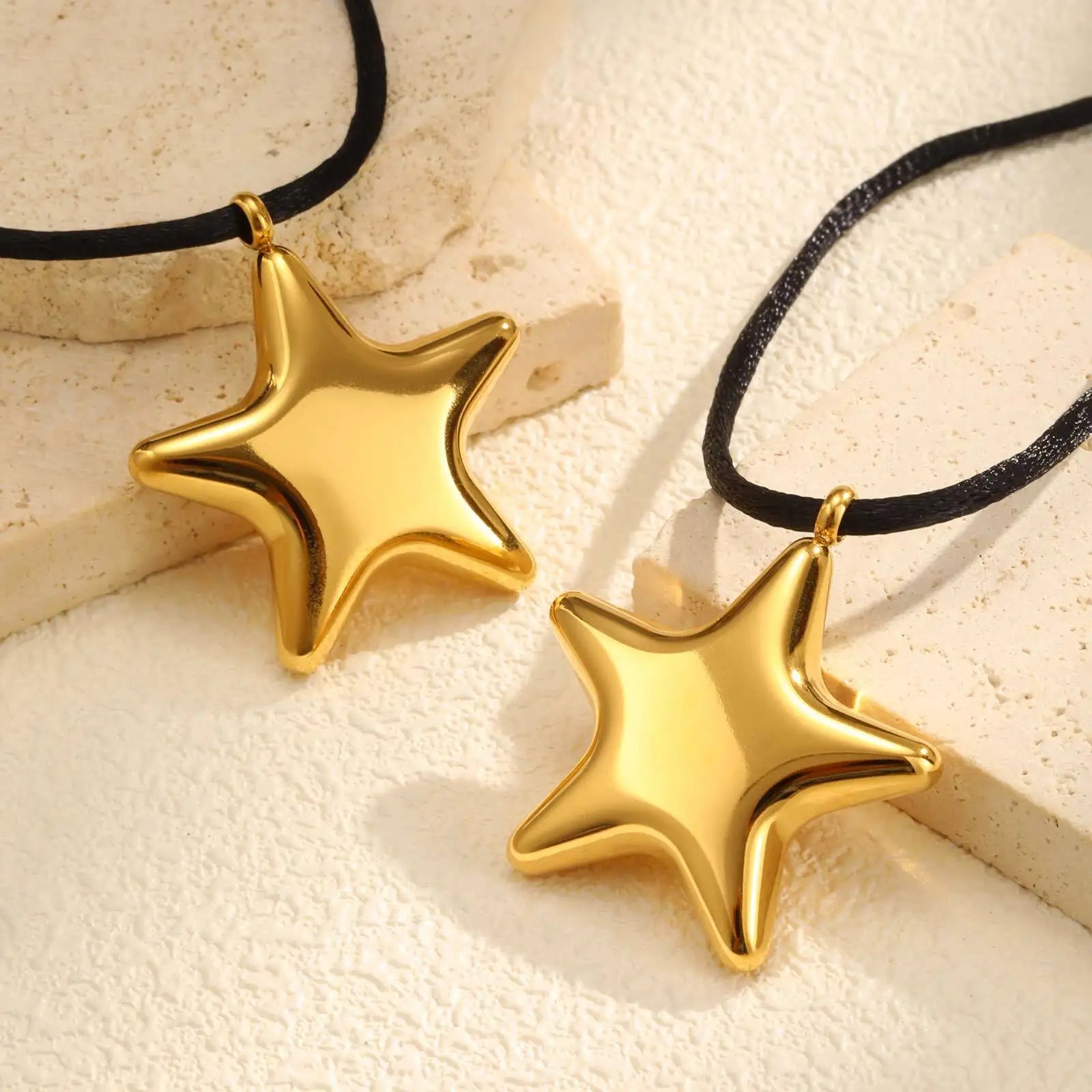Vnox Chunky Stainless Steel Star Pendant Necklace For Women Simple Design Black Weave Rope Single Bright Jewelry Daily Wear