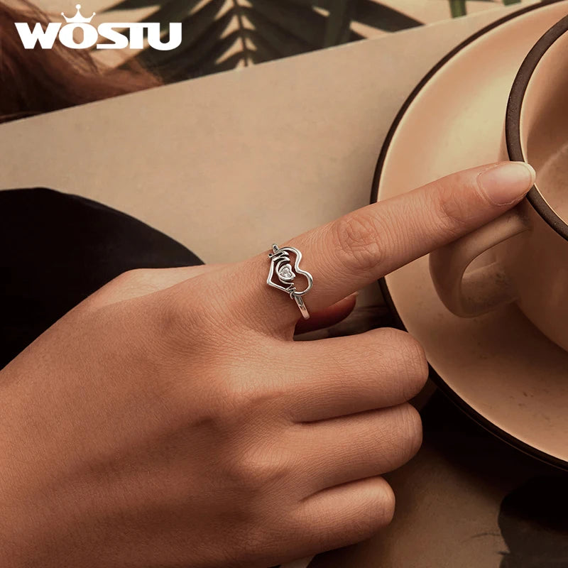 WOSTU 925 Sterling Silver Letter Mom Heart Open Ring For Women Shiny AAA Zircon Stackable Rings Mother's Day Jewelry Faimly Gift