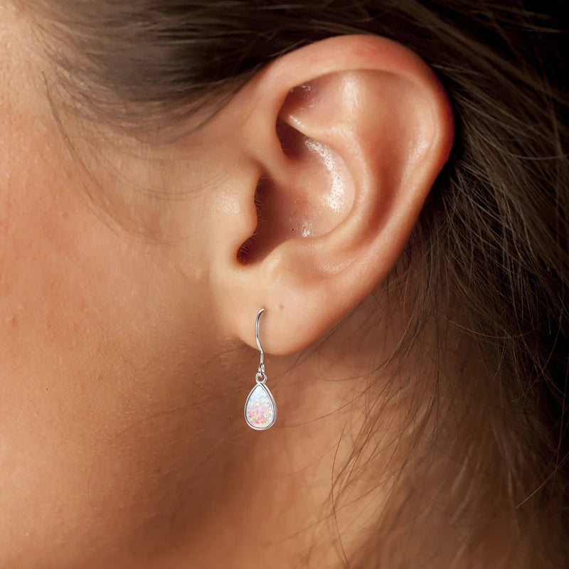 925 Sterling Silver Ladies Drop Hook Earrings 6x9mm Pear Shape Bezel Set White Opal Earring for Women Fashion Gemstone Gift