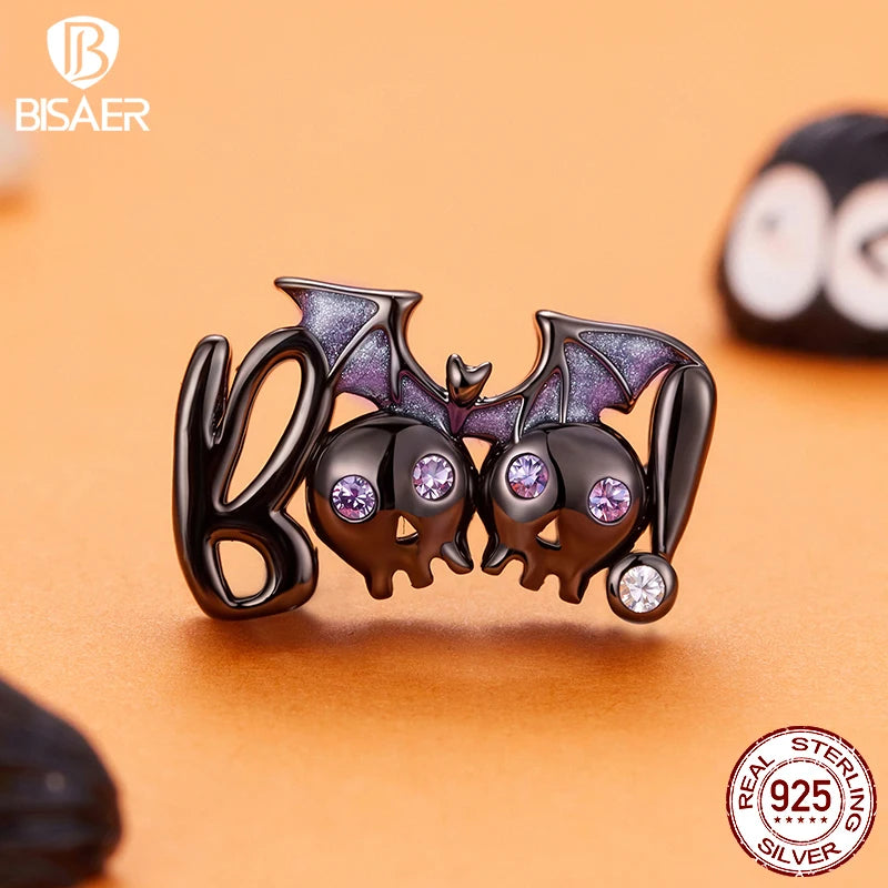 BISAER 925 Sterling Silver Halloween Skull & Pumpkin Charm Bead Pumpkin Cat Magic Crystal Pendant for Women DIY Bracelet Jewelry