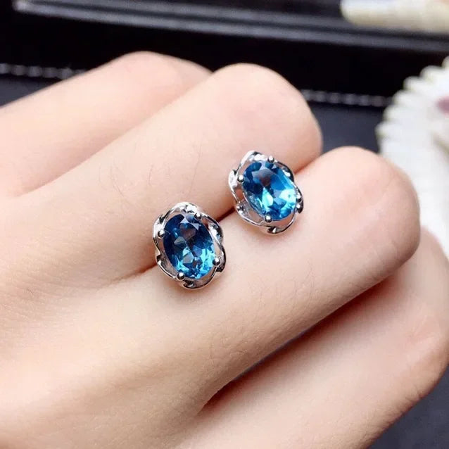 Natural Bule Topaz Stud Earring for Women 925 Sterling Silver JewelryvLuxury Female Blue Sapphire Oval Earrings
