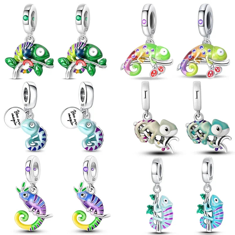 925 Sterling Silver Color Forest Chameleon Charm Pendant Beads Fit Charm Bracelet Original for Women DIY Jewelry Making