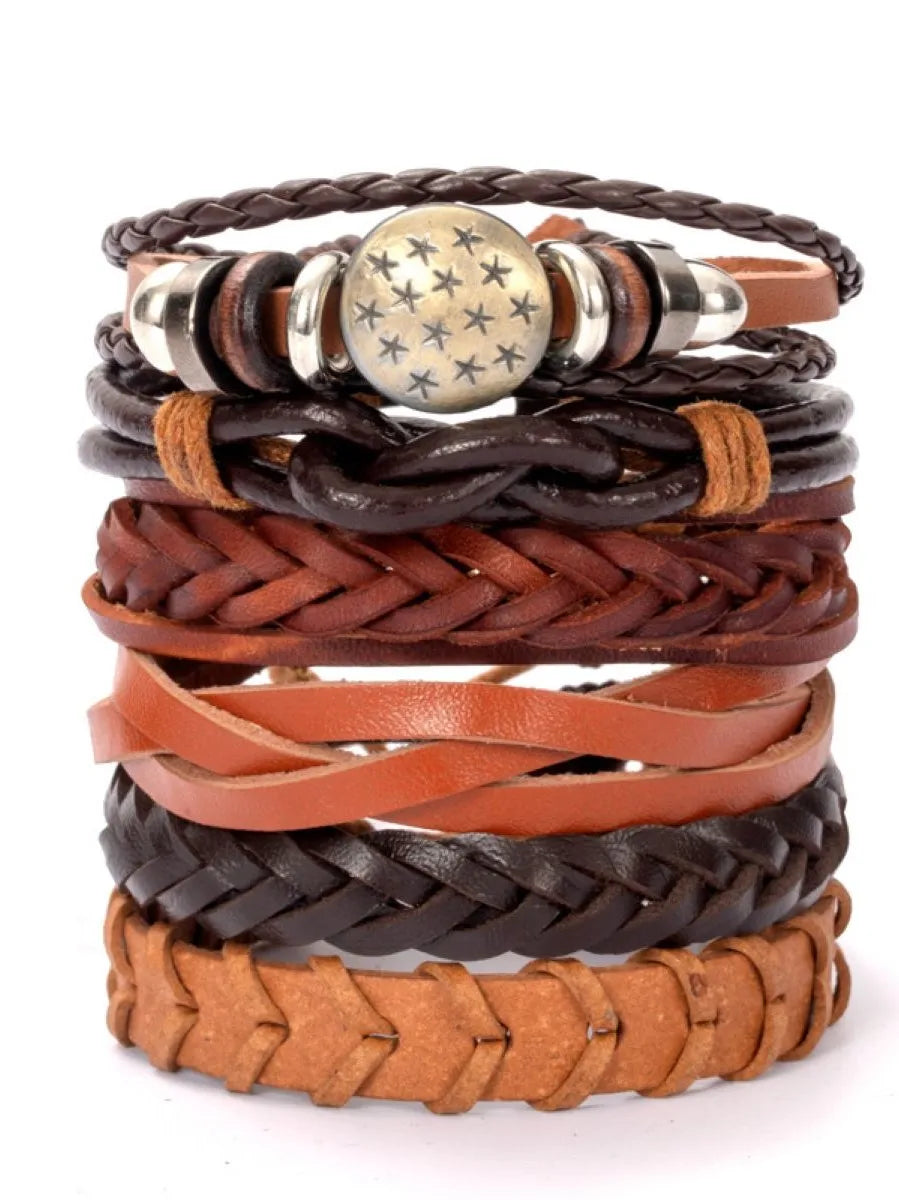 Fashion Black Skull Multi-layer Beaded Hand Leather Bracelet for Men Set Adjustable DIY Leather Winding Hand Rope