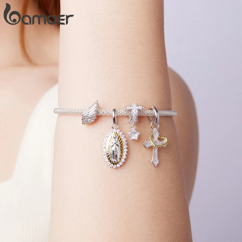Bamoer 925 Sterling Silver Two-tones Virgin Mary Pendant Cross Charms Guard Wings Beads for Loved Women DIY Bracelet Accessories