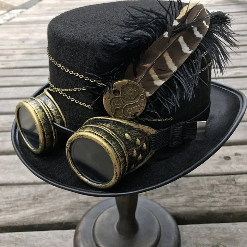 Steampunk Top Hat Wool Felt Victorian Hat with Goggles & Feather Unisex Costume Top Gothic Hippies Cosplay Props