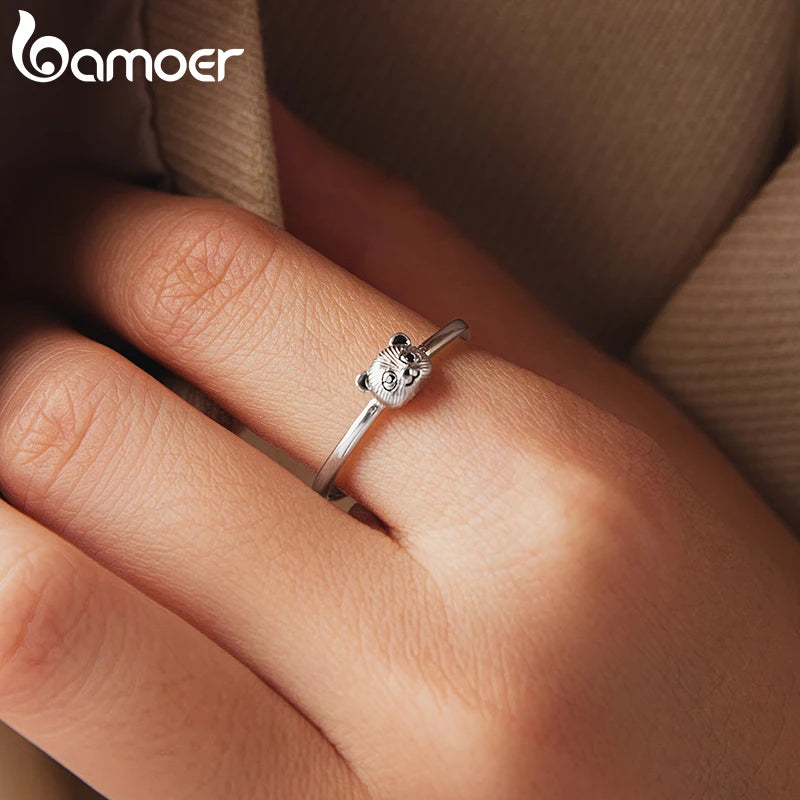 Bamoer 925 Sterling Silver Border Collie Open Ring Adjusable Black Enamel Dog Ring for Women Teens Pet Lover Cute Jewelry Gift