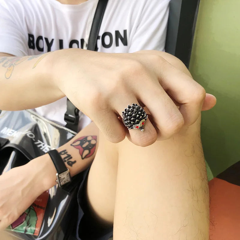 Retro Red Eye Hedgehog Ring For Men Women Punk Gothic Rock Hiphop Open Ring Handmade Designer Jewelry Unisex Accessories Gift