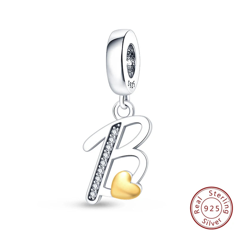 Classic 925 Sterling Silver 26 Gold Color Heart Zircon Letter A-Z Charms Beads Fit Original Bracelets DIY Birthday Jewelry Gift