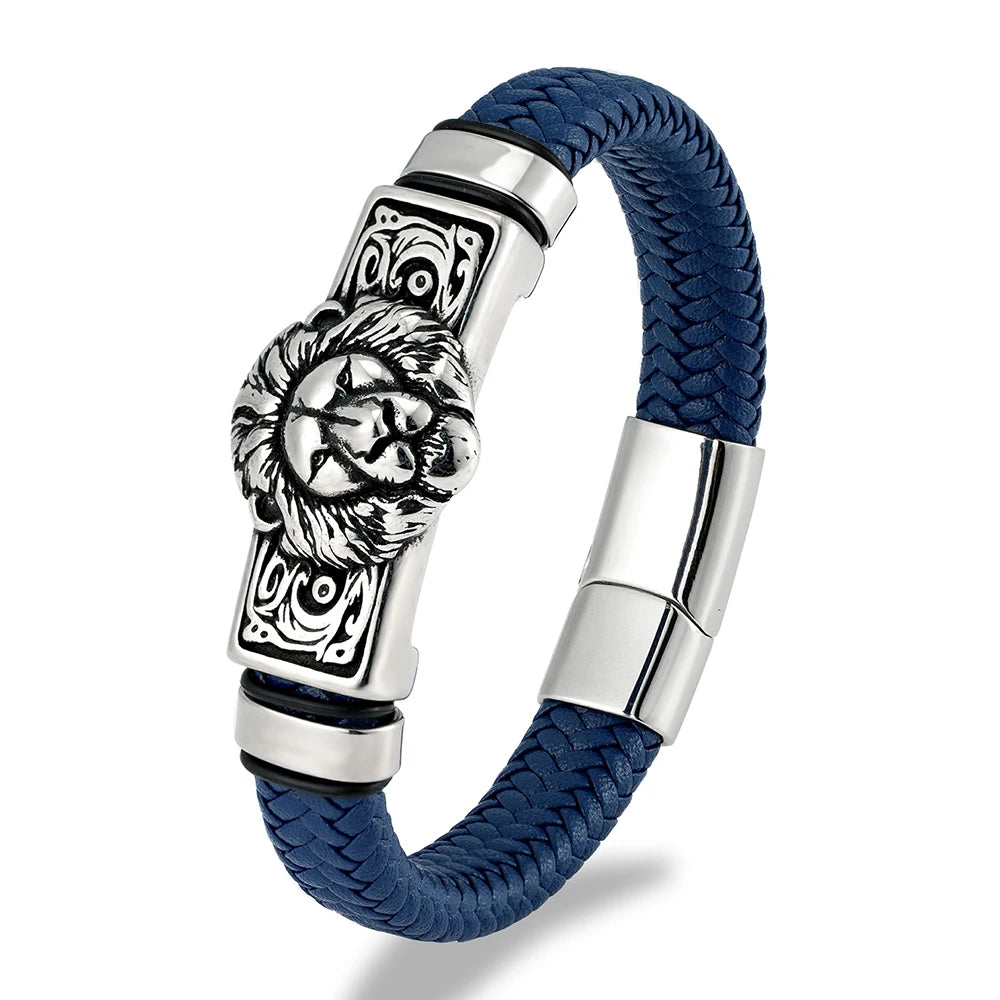 MKENDN Punk Lion Men Braided Genuine Black Leather Bracelet Stainless Steel Magnetic Buckle Bracelet Gifts Homme Pulseras