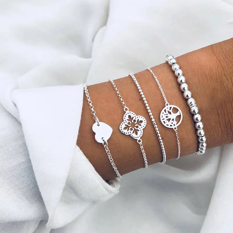 Trendy Geometric Link Chain Bracelet Set For Women Rhinestones Gold Color Leaves Heart Pendant Open Cuff Bangle Girls Jewelry - Madeinsea©