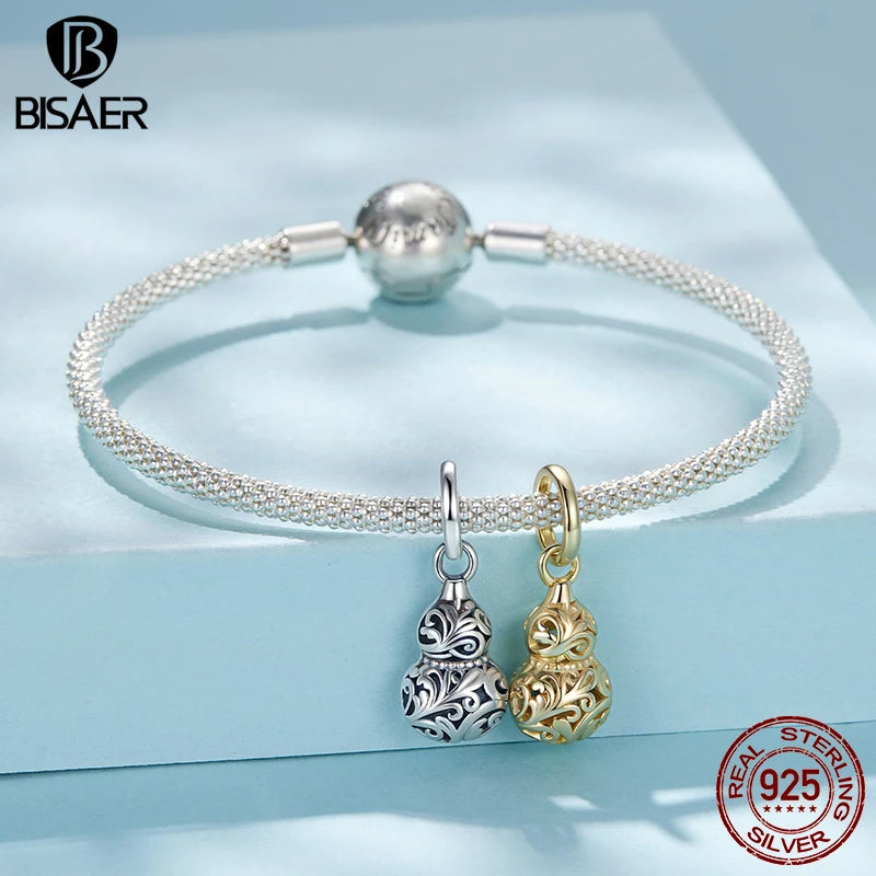 BISAER Real 925 Sterling Silver Vintage Gourd Charm Bead Hollow Pattern Pendant Plated Gold For Women DIY Bracelet Fine Jewelry