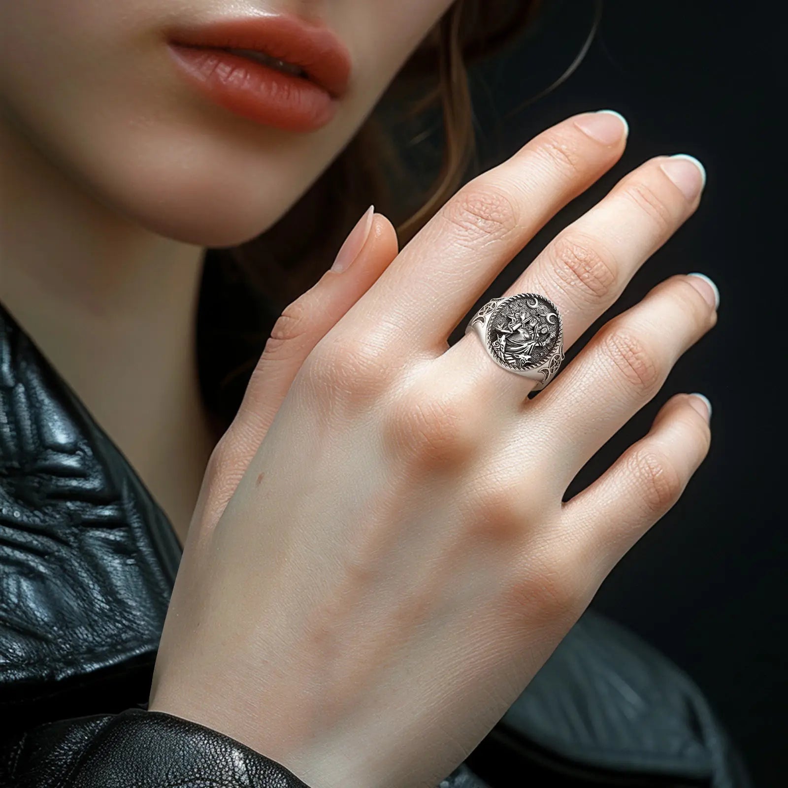 Eudora 925 Sterling Silver Triple Moon Goddess Adjustable Ring Dog Hecate Amulet Ring Triple Goddess Jewelry for Women Man Gift