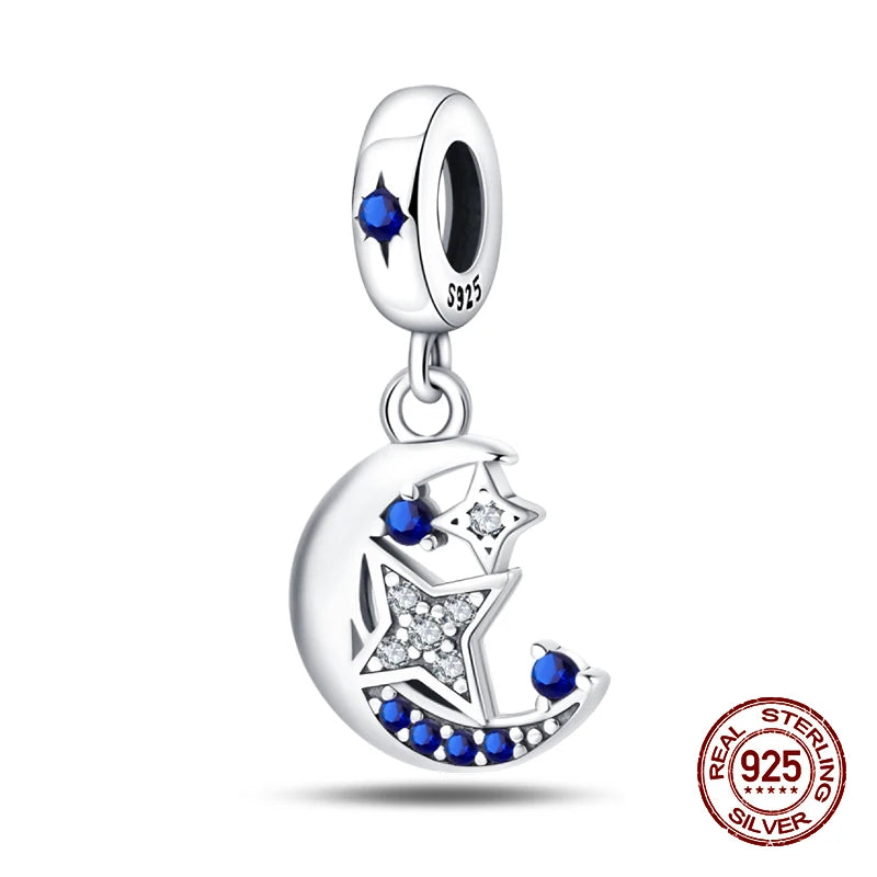 100% 925 Sterling Silver Sparkling Cat Moon Sun and Stars Charms Pendants Fit 3mm 925 Original Bracelets DIY Fine Jewelry