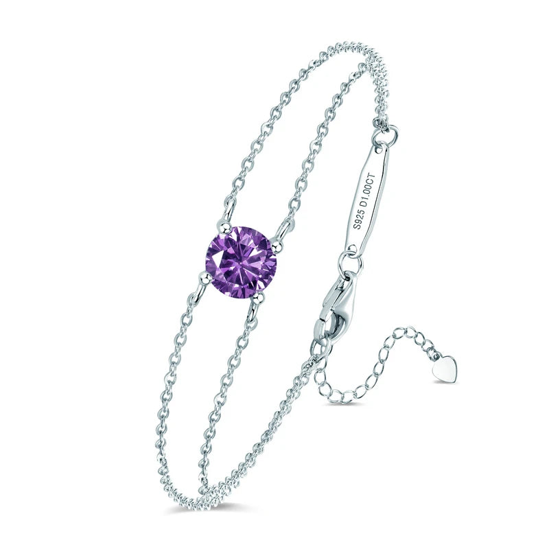 Fashion Women's Single Stone Double Chain Bracelet 6.5mm Round Month Birthday Stone Bracelet 925 Sterling Silver Jewelry Gift
