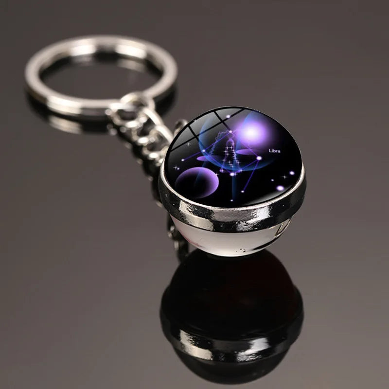 New Starry Sky Twelve Constellations Keychain Time Gemstone Double Sided Glass Ball Metal Keyring Bag Decoration Metal Keyholder