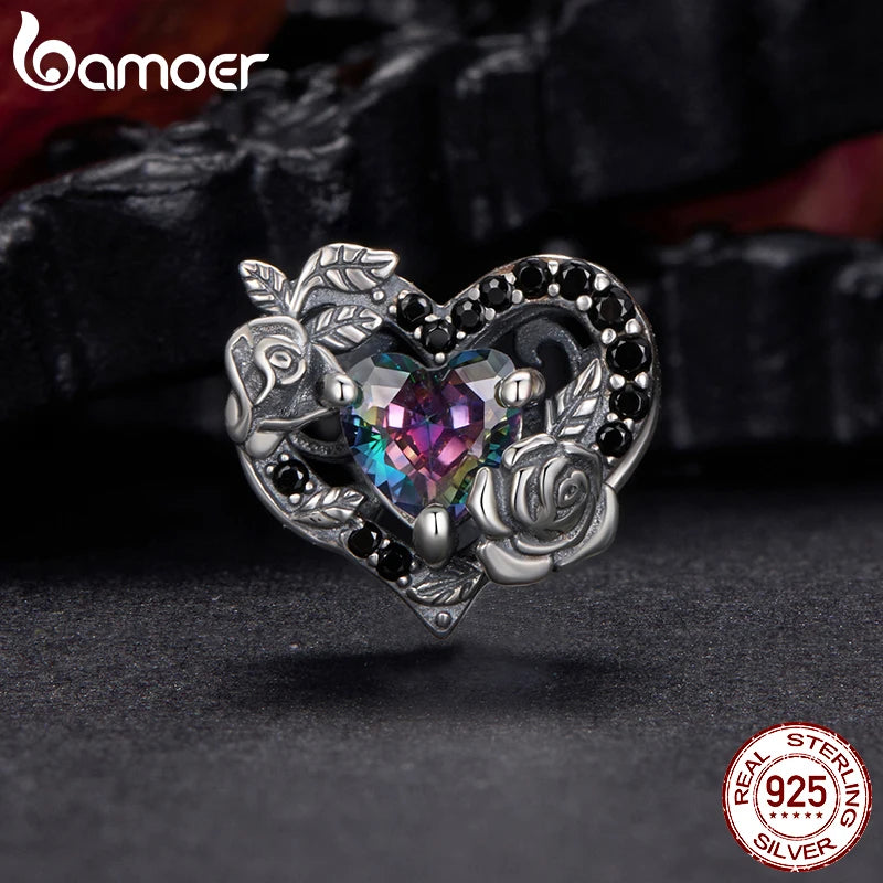 Bamoer 925 Sterling Silver Dark Rose Silicone Beads Vintage Flower Pearl Pendant for Women DIY Bracelet Accessories Punk Gift