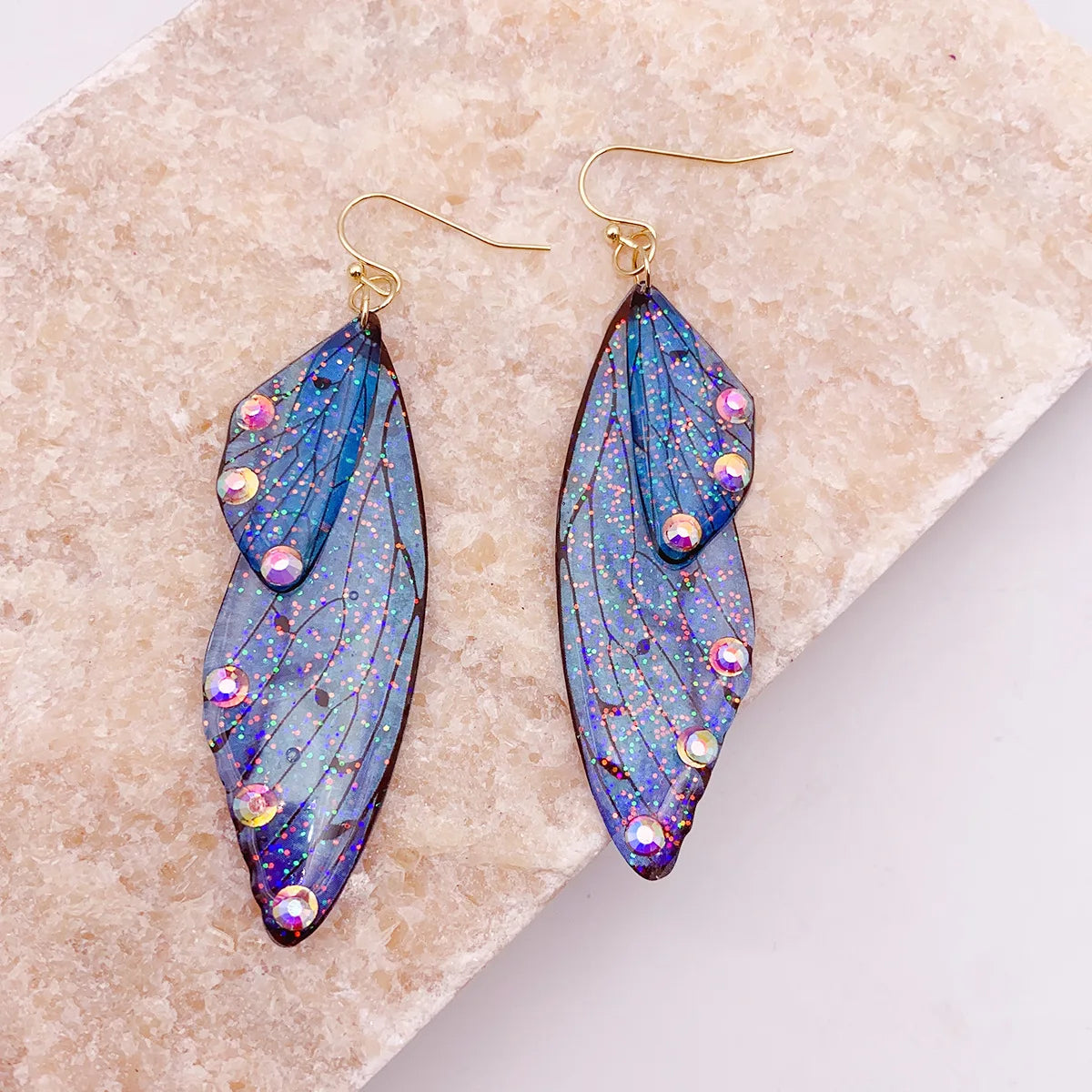 Minar Fairy Clear Gradient Resin Simulation Wings Butterfly Rhinestone Flake Long Dangle Earrings for Women Casual Party Jewelry