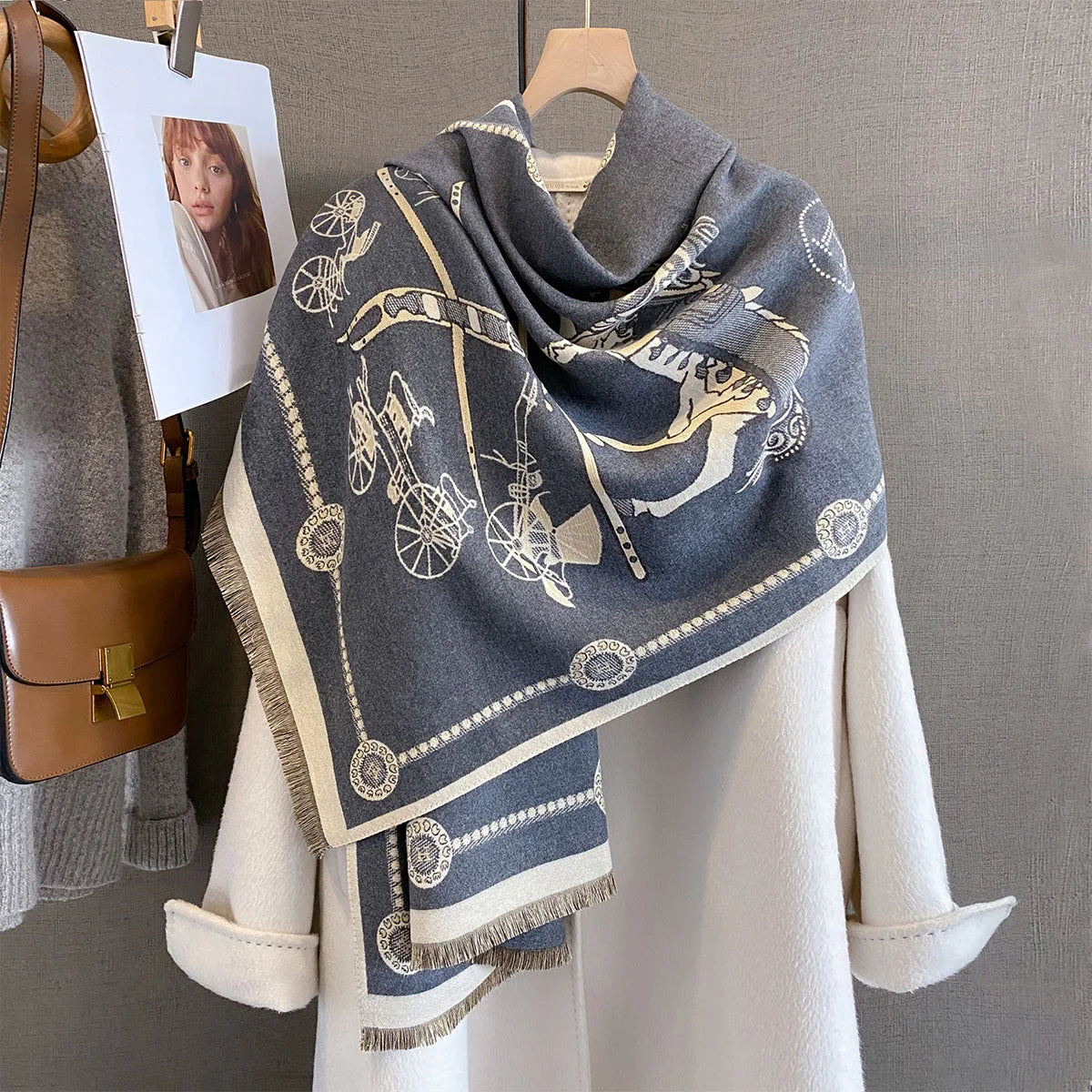 Fashion Winter Pashmina Elegant Horse Print Shawl Wrap Women Luxury Cashmere Scarf Femme Thick Warm Blanket Stoles Long Blanket