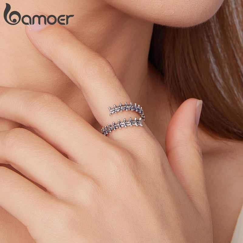 Bamoer 925 Sterling Silver Bold Spine Open Ring Adjustable Vintage Ring for Punk Women Dark Aesthetics Halloween Jewelry Gift