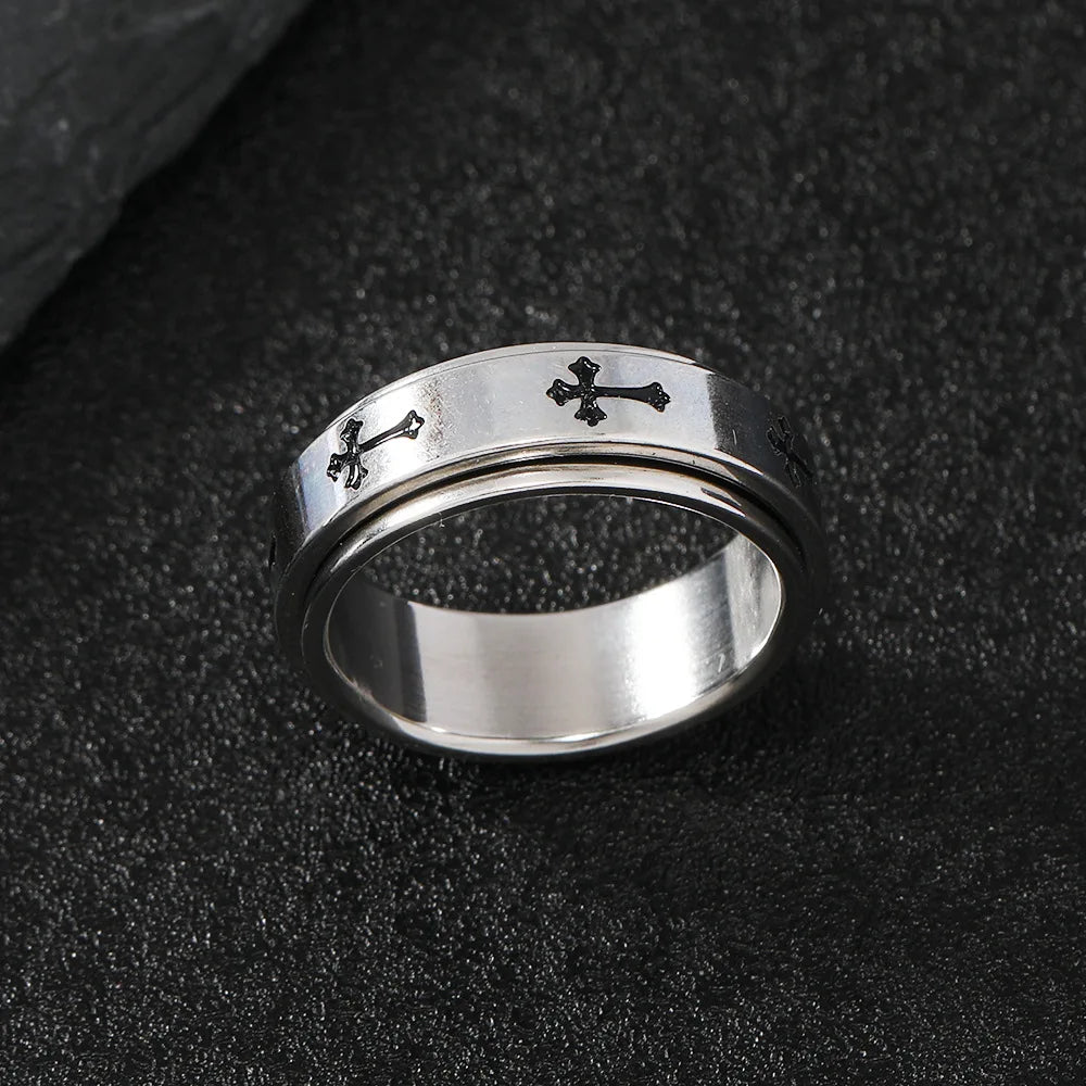 Rotatable Metal Cross Ring For Men Women Silver Color Stainless Steel Ring Punk Gothic Simple Accessories Christian Jewelry Gift