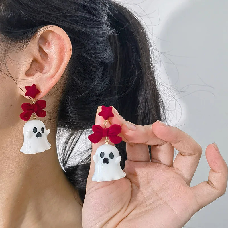 Fancy Resin Halloween Ghost Drop Earrings For Women Red Bowknot Flannel Ghost Dangle Earring Christmas Festival Party Jewelry